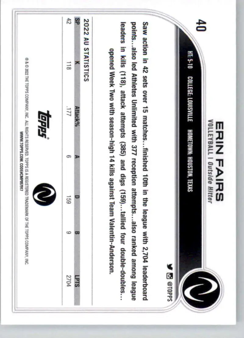 Black and white Topps Athletes Unlimited card featuring Erin Fairs volleyball statistics