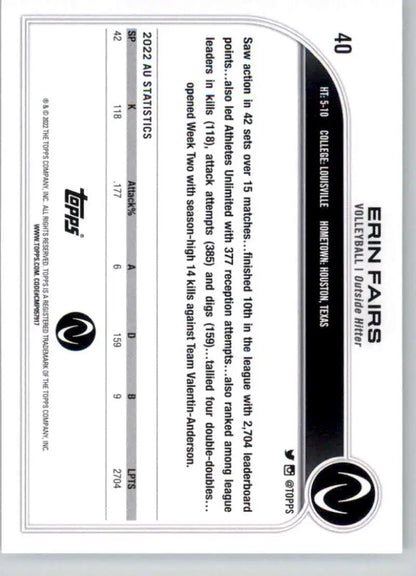 Black and white Topps Athletes Unlimited card featuring Erin Fairs volleyball statistics