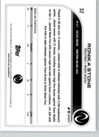 Black and white Ronika Stone Volleyball Card from Topps Athletes Unlimited collection