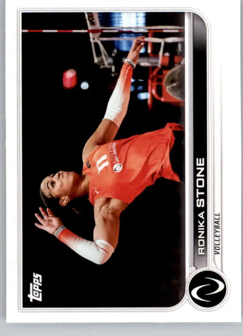 Ronika Stone diving in red jersey on 2023 Topps Athletes Unlimited Volleyball Card