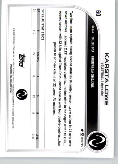 Black and white Karsta Lowe volleyball trading card from Topps Athletes Unlimited