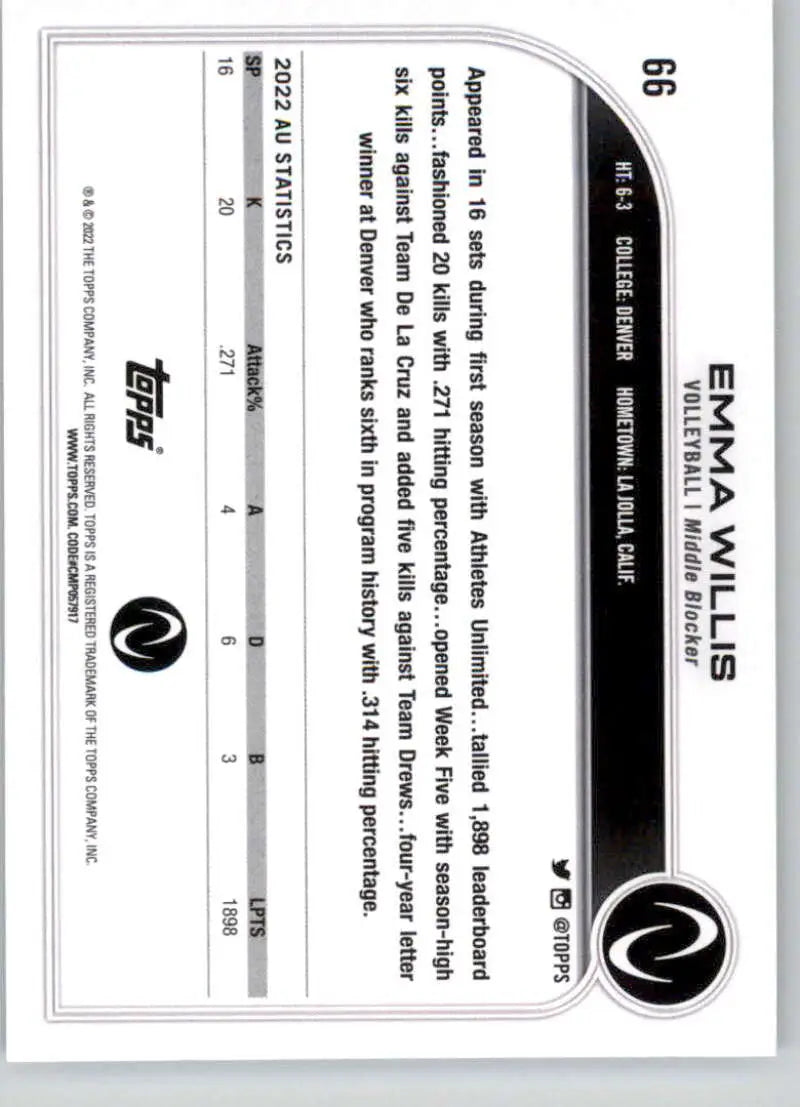 Black and white baseball card featuring Emma Willis from Topps Athletes Unlimited Volleyball