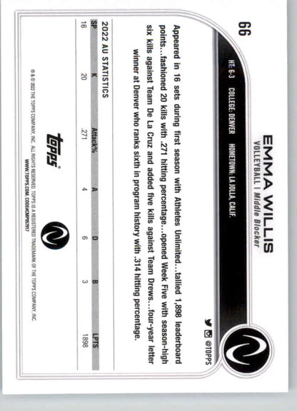 Black and white baseball card featuring Emma Willis from Topps Athletes Unlimited Volleyball