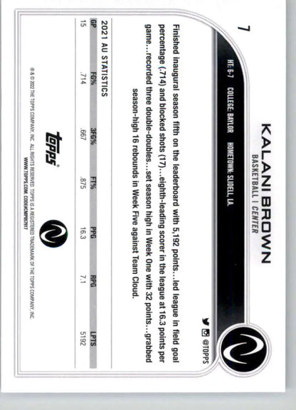Black and white certificate featuring Kalani Brown atop a Topps Athletes Unlimited card