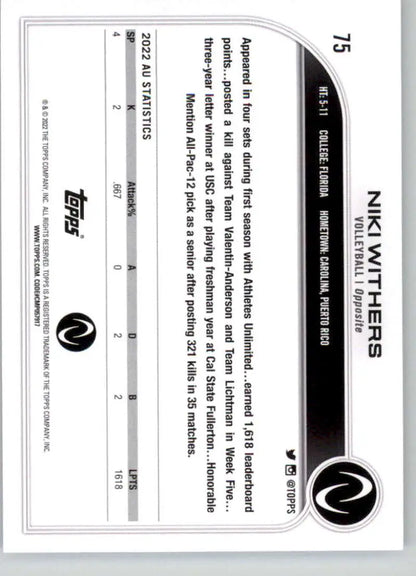 Black and white Topps Athletes Unlimited card featuring Niki Withers volleyball design