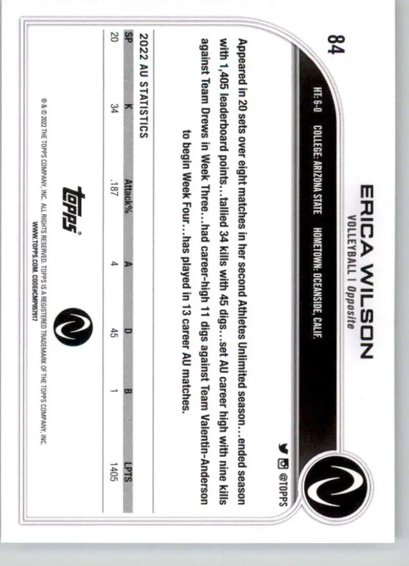Black and white trading card featuring Erica Wilson from Topps Athletes Unlimited