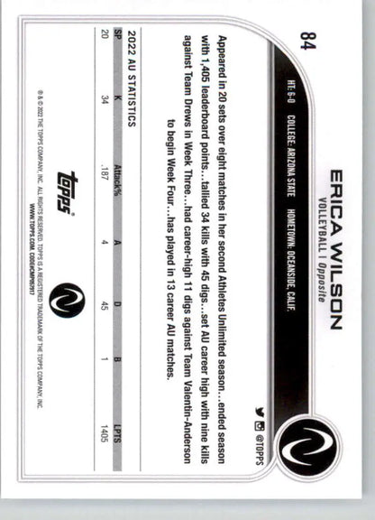 Black and white trading card featuring Erica Wilson from Topps Athletes Unlimited