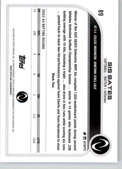 Black and white baseball card featuring Sis Bates in Topps Athletes Unlimited product