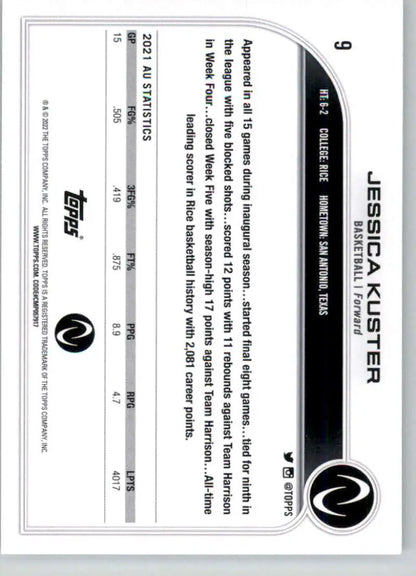 Black and white 2023 Topps Athletes Unlimited Jessica Kuster Basketball Card design
