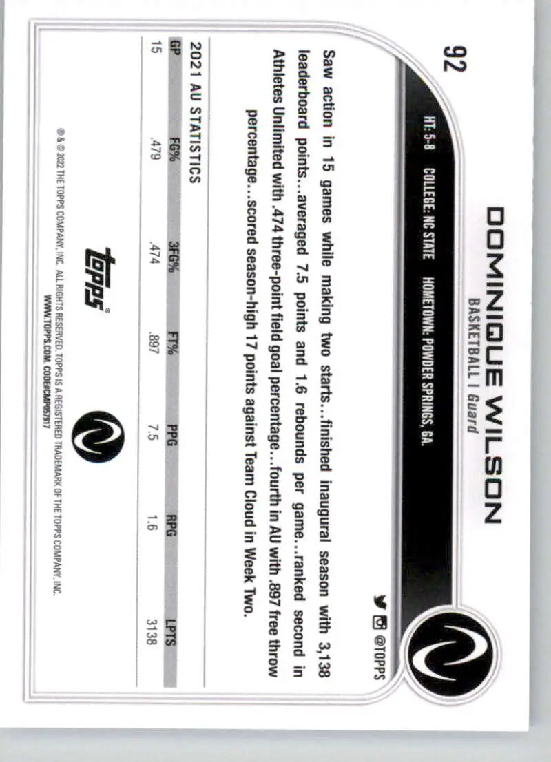 Dominique Wilson Basketball Card featuring black and white design elements