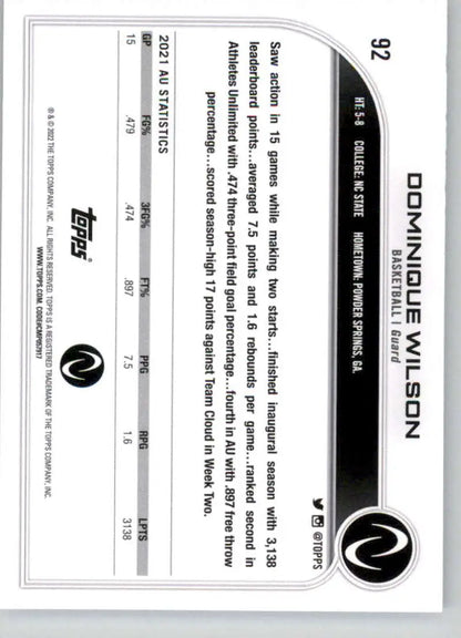 Dominique Wilson Basketball Card featuring black and white design elements