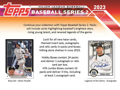 Advertisement for 2023 Topps Baseball Series 2 Jumbo HTA Card Box featuring Topps Baseball Series 2