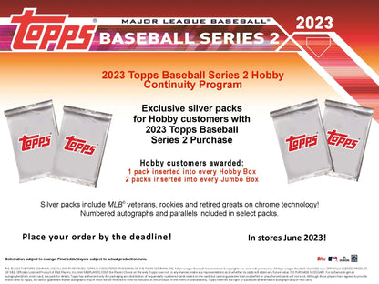 Topps Baseball Series 2023 Jumbo HTA Card Box advertisement featuring baseball series cards