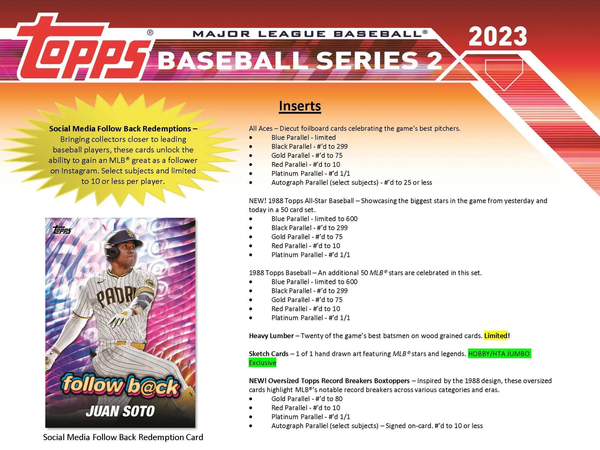 Baseball card product info sheet for 2023 Topps Baseball Series 2 Jumbo HTA Box