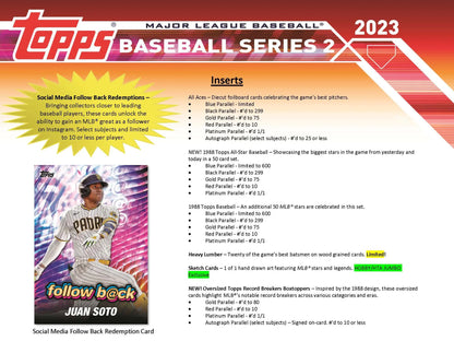 Baseball card product info sheet for 2023 Topps Baseball Series 2 Jumbo HTA Box