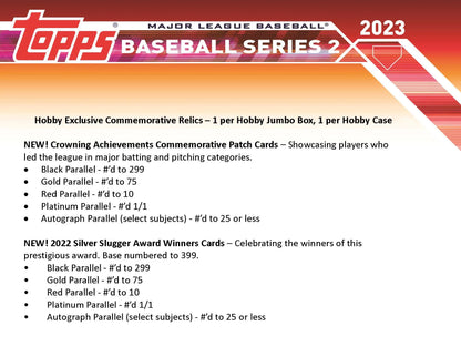2023 Topps Baseball Series 2 Jumbo HTA Card Box advertisement featuring Topps Baseball cards