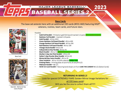 Topps Baseball Series information on the 2023 Topps Baseball Series 2 Jumbo HTA Card Box