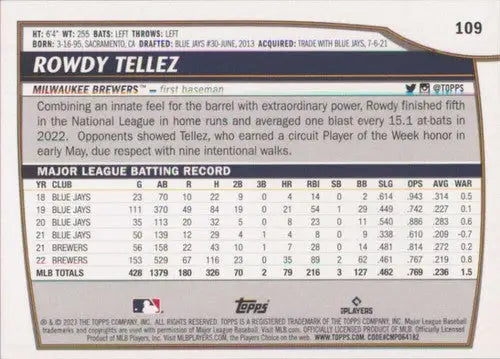 Original gloss of 2023 Topps Big League Rowdy Tellez baseball card for Brewers