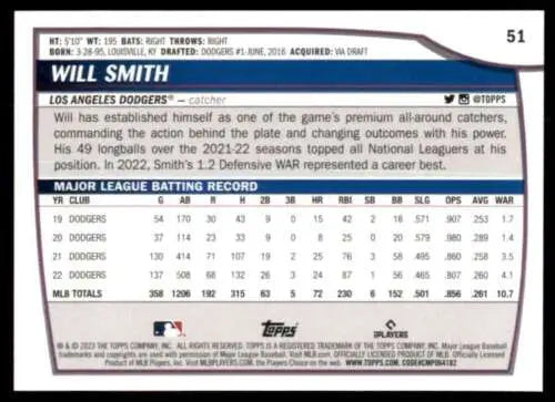 2023 Topps Big League #51 Will Smith baseball card in Near Mint condition Dodgers