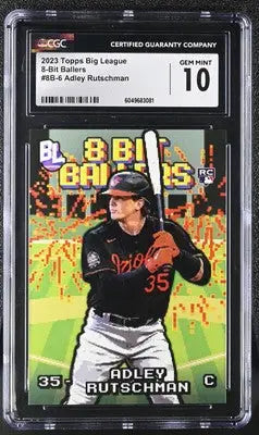 Graded 2023 Topps Big League Adley Rutschman baseball card featuring 8-Bit Ballers design
