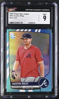 Graded 2023 Topps Big League Austin Riley Baseball Card Blue Foil CGC 9