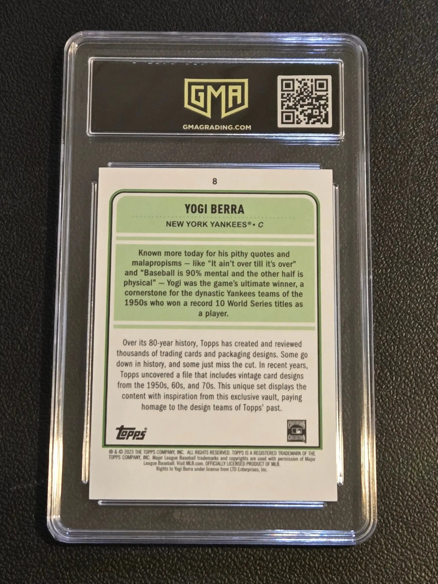 Graded Yogi Berra Chartreuse baseball card from 2023 Topps Brooklyn Collection GMA 9