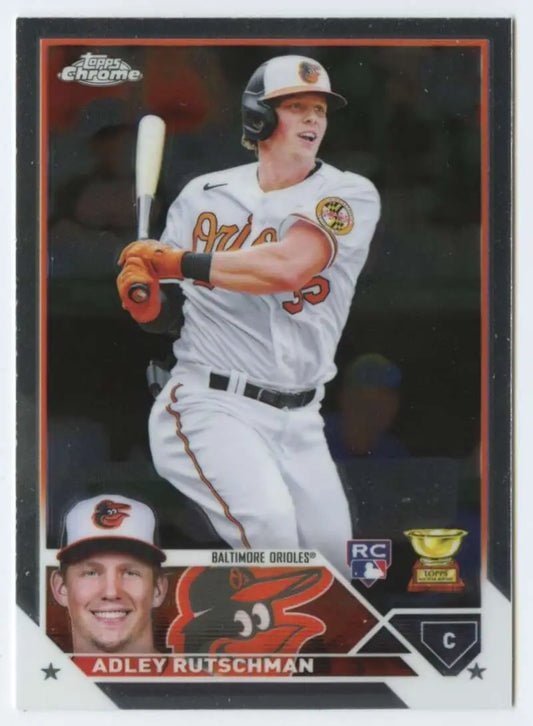 Adley Rutschman at bat in white uniform on 2023 Topps Chrome Baltimore Orioles card