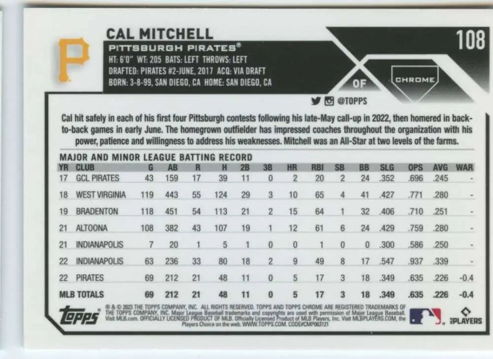 Cal Mitchell 2023 Topps Chrome #108 Rookie Card for Pittsburgh Pirates collectors