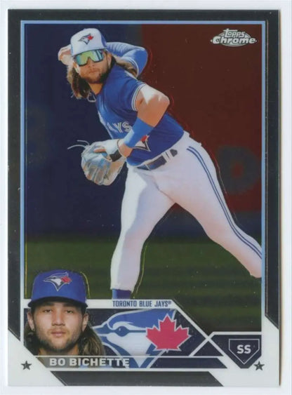 Baseball card of Bo Bichette in pitching motion for Toronto Blue Jays Topps Chrome