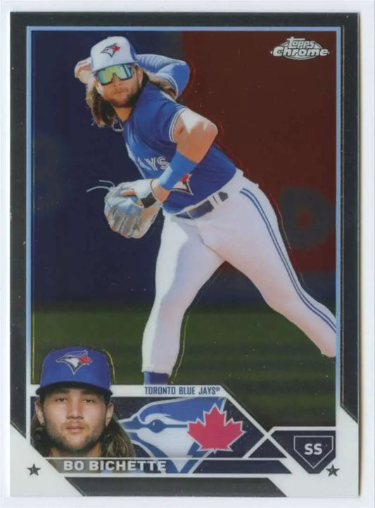 Baseball card of Bo Bichette in pitching motion for Toronto Blue Jays Topps Chrome
