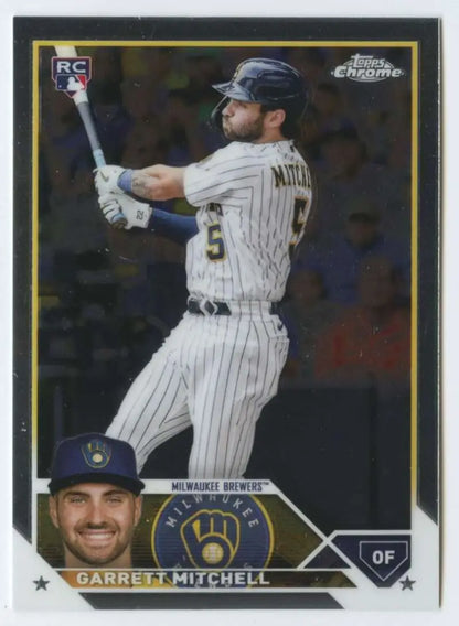 Garrett Mitchell swinging bat in 2023 Topps Chrome Milwaukee Brewers rookie card
