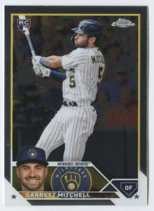 Garrett Mitchell swinging bat in 2023 Topps Chrome Milwaukee Brewers rookie card