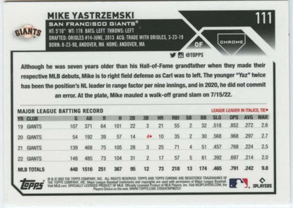 Back of 2023 Topps Chrome #111 Mike Yastrzemski Baseball Card for San Francisco Giants