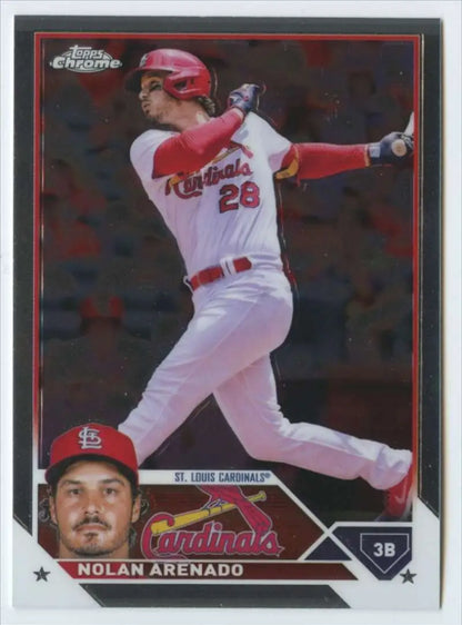 Baseball card of Nolan Arenado in action and portrait on 2023 Topps Chrome design