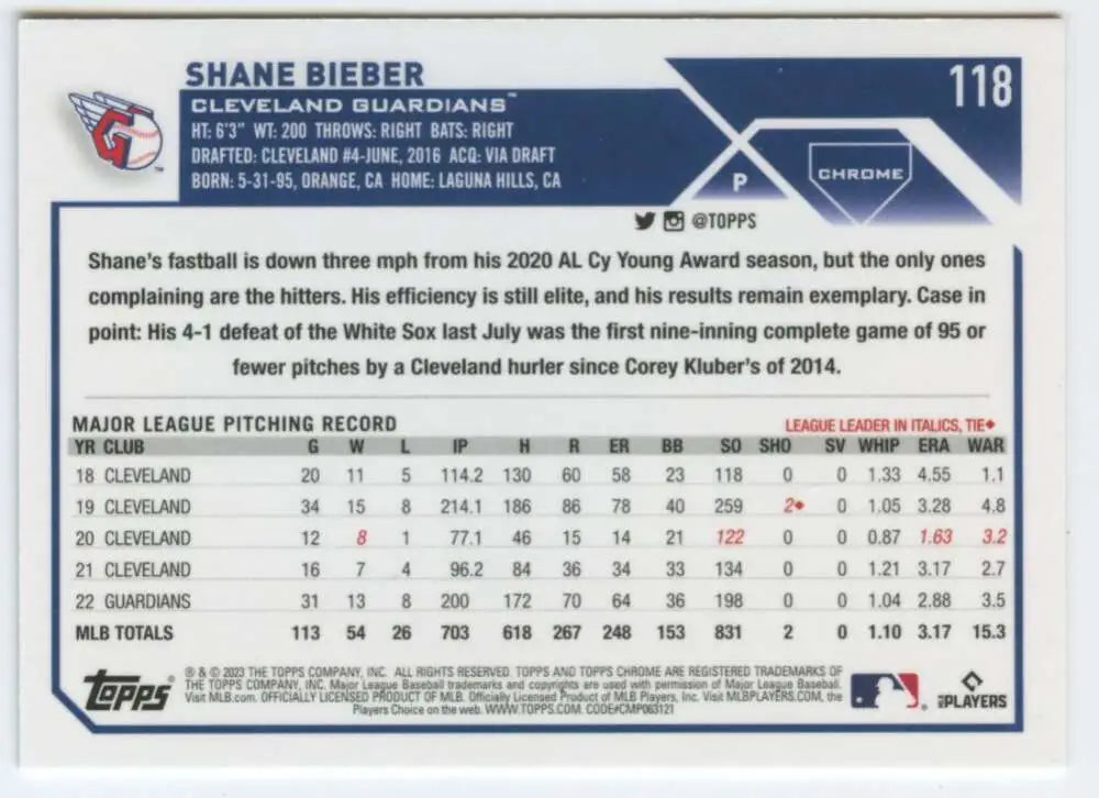 Shane Bieber Cleveland Guardians baseball card showcasing player statistics and info