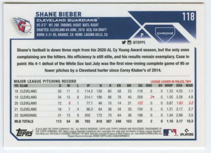 Shane Bieber Cleveland Guardians baseball card showcasing player statistics and info