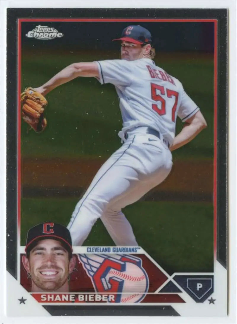 Baseball card of Shane Bieber in mid-throw for the Cleveland Guardians jersey #57