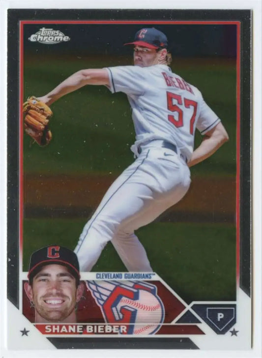 Baseball card of Shane Bieber in mid-throw for the Cleveland Guardians jersey #57