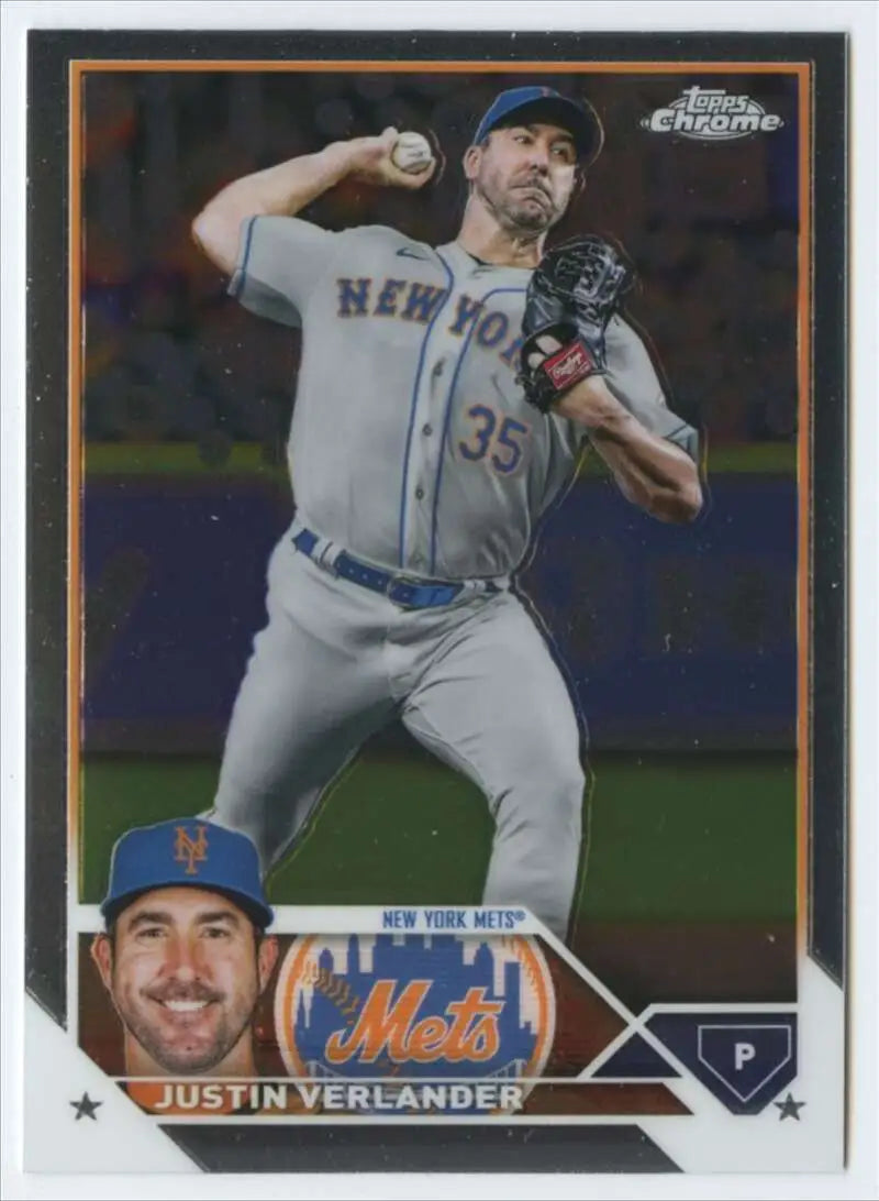 Justin Verlander 2023 Topps Chrome baseball card featuring New York Mets player