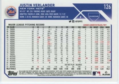 Justin Verlander 2023 Topps Chrome baseball card for New York Mets collectors