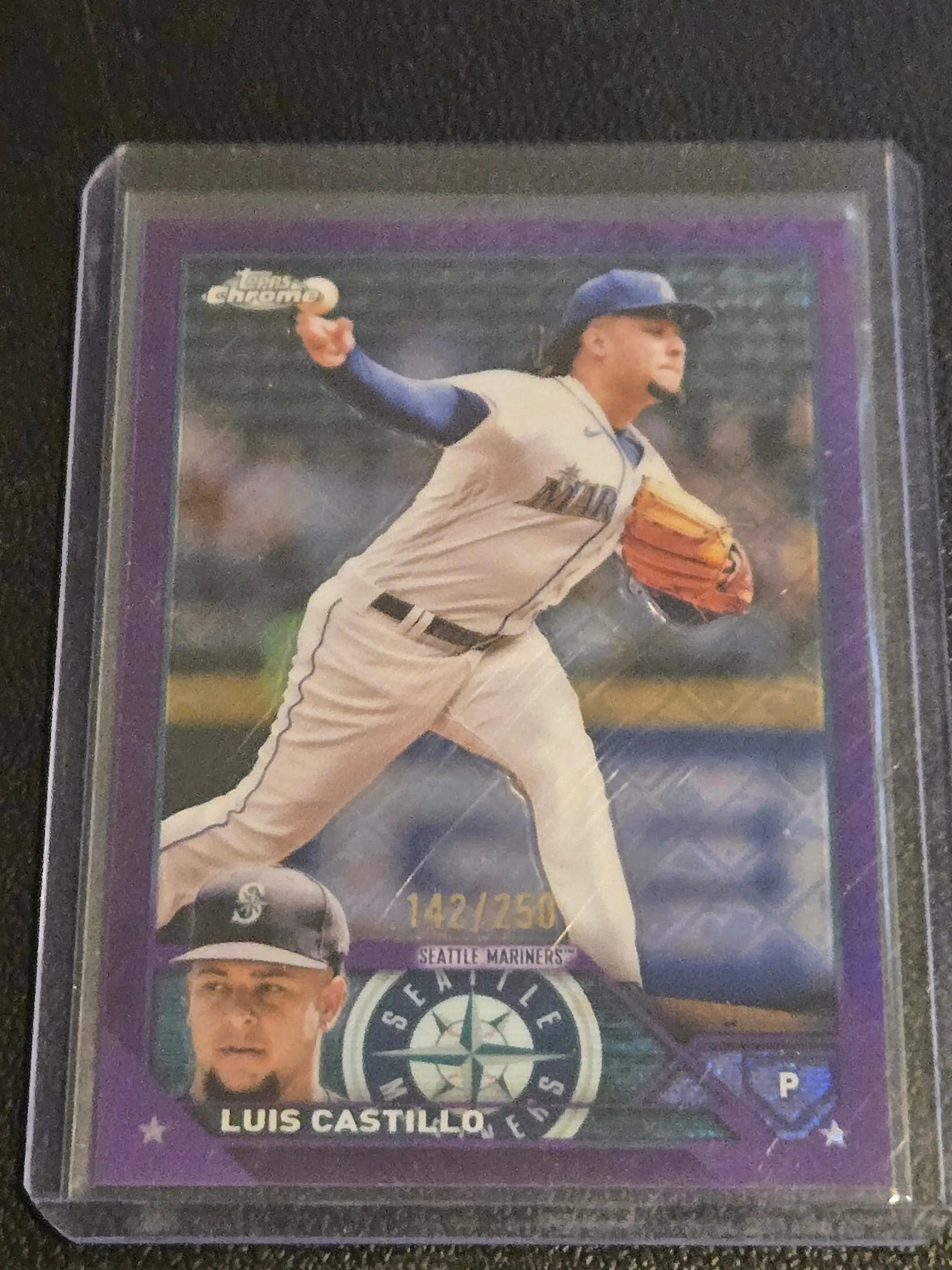 Luis Castillo purple refractors baseball card limited to 250 copies from 2023 Topps Chrome