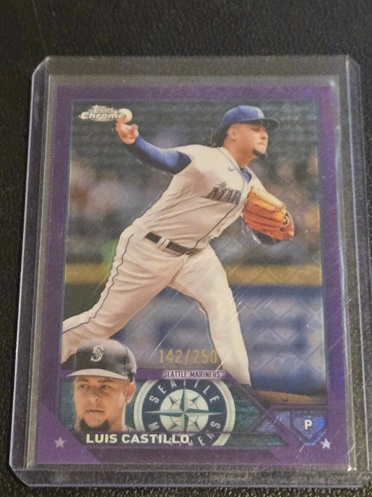 Luis Castillo purple refractors baseball card limited to 250 copies from 2023 Topps Chrome