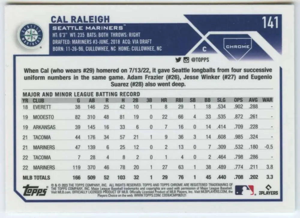 Cal Raleigh 2023 Topps Chrome #141 Baseball Card Seattle Mariners NM-MT Condition