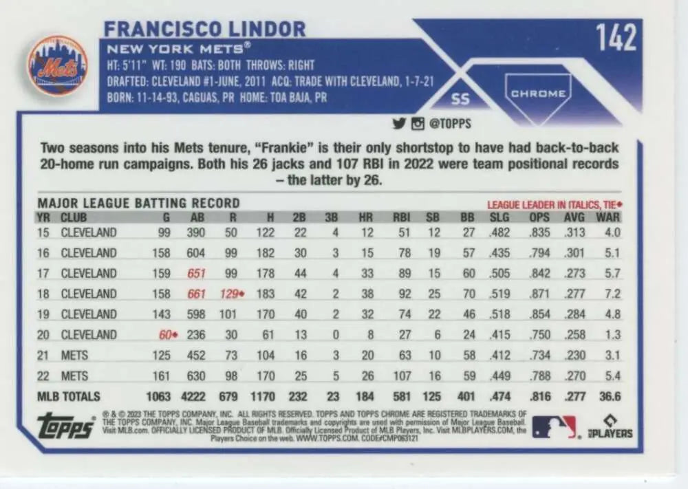 Francisco Lindor 2023 Topps Chrome #142 New York Mets Baseball Card with stats