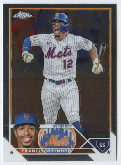 Francisco Lindor celebrating in pinstripe uniform on 2023 Topps Chrome New York Mets card