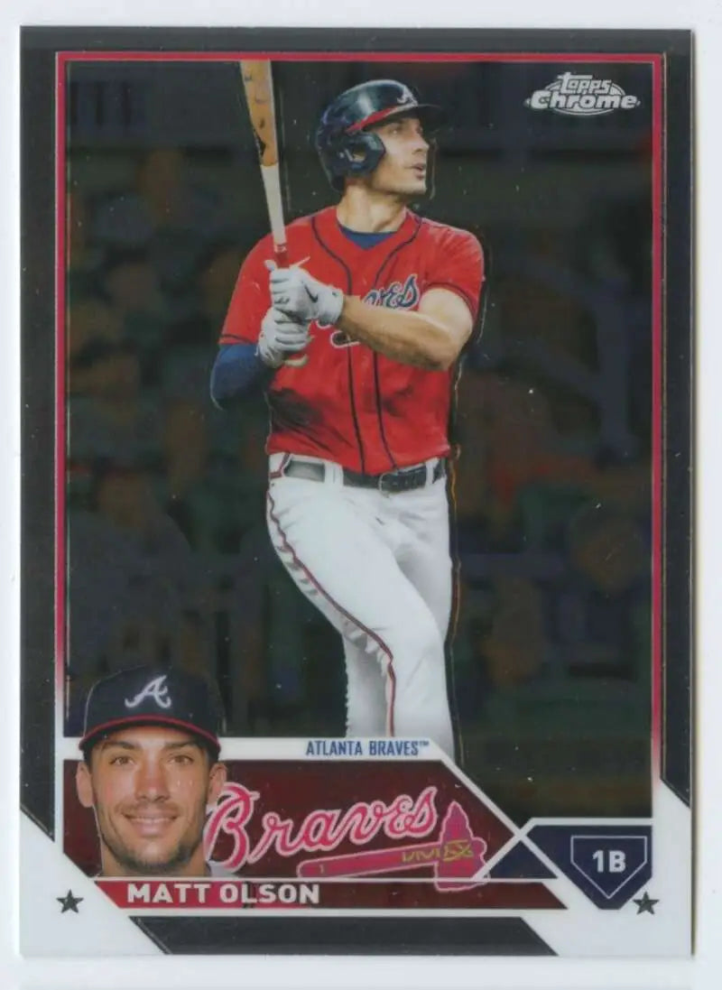 Baseball card of Matt Olson in red jersey for Atlanta Braves at bat action shot
