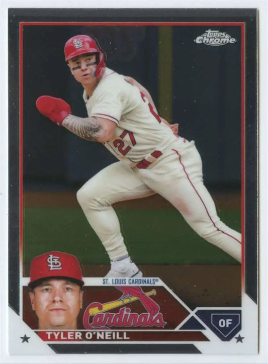 Baseball card of Tyler O’Neill running in white uniform for St. Louis Cardinals Topps Chrome
