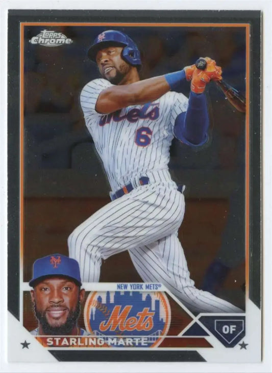 Starling Marte swinging in white pinstriped uniform on New York Mets baseball card