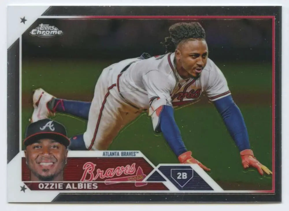 Ozzie Albies Atlanta Braves Topps Chrome baseball card with action pose and headshot