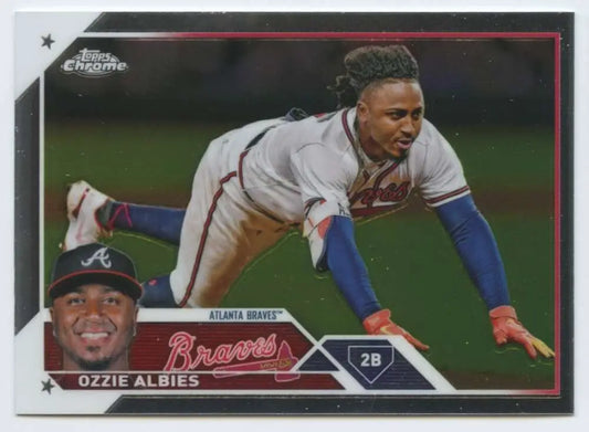 Ozzie Albies Atlanta Braves Topps Chrome baseball card with action pose and headshot